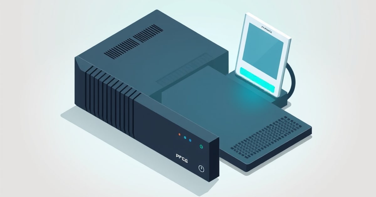 Isometric arrangement of router appliances, mini-PC, and network cards side by side