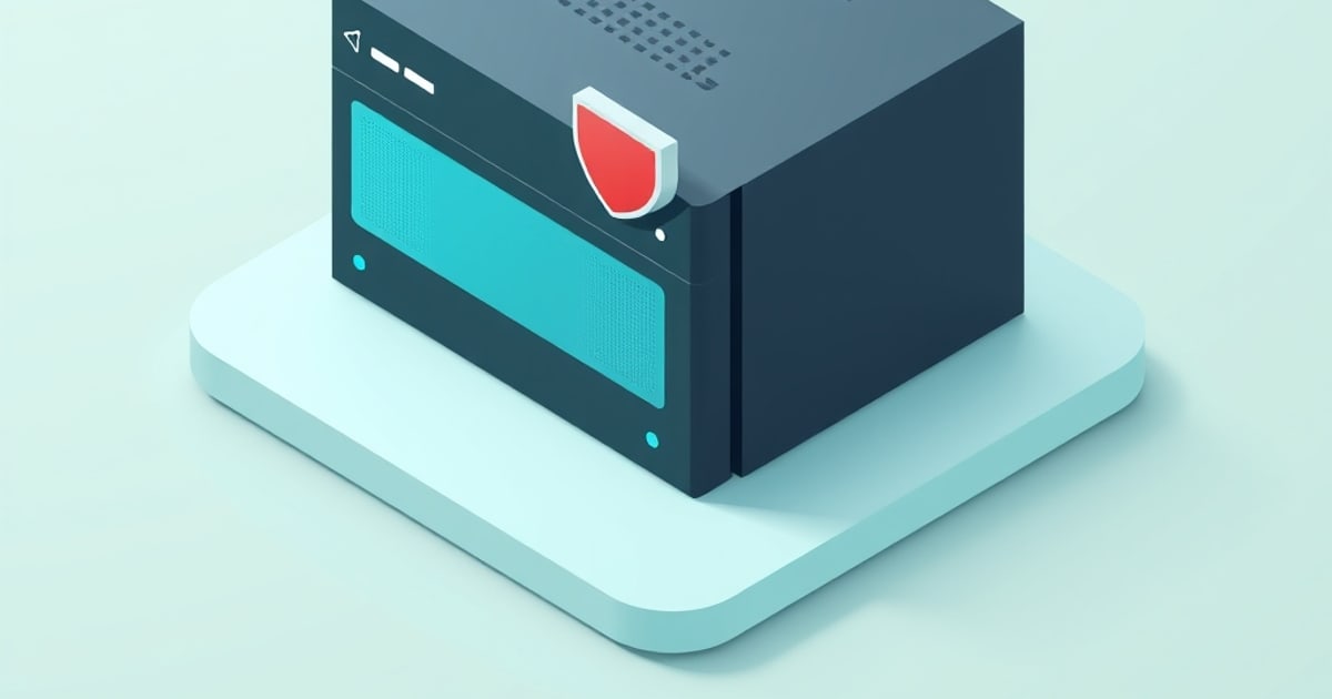 Isometric pale blue server box on a white platform with a keyhole shield leaning on it, representing pfSense installed as a virtual machine