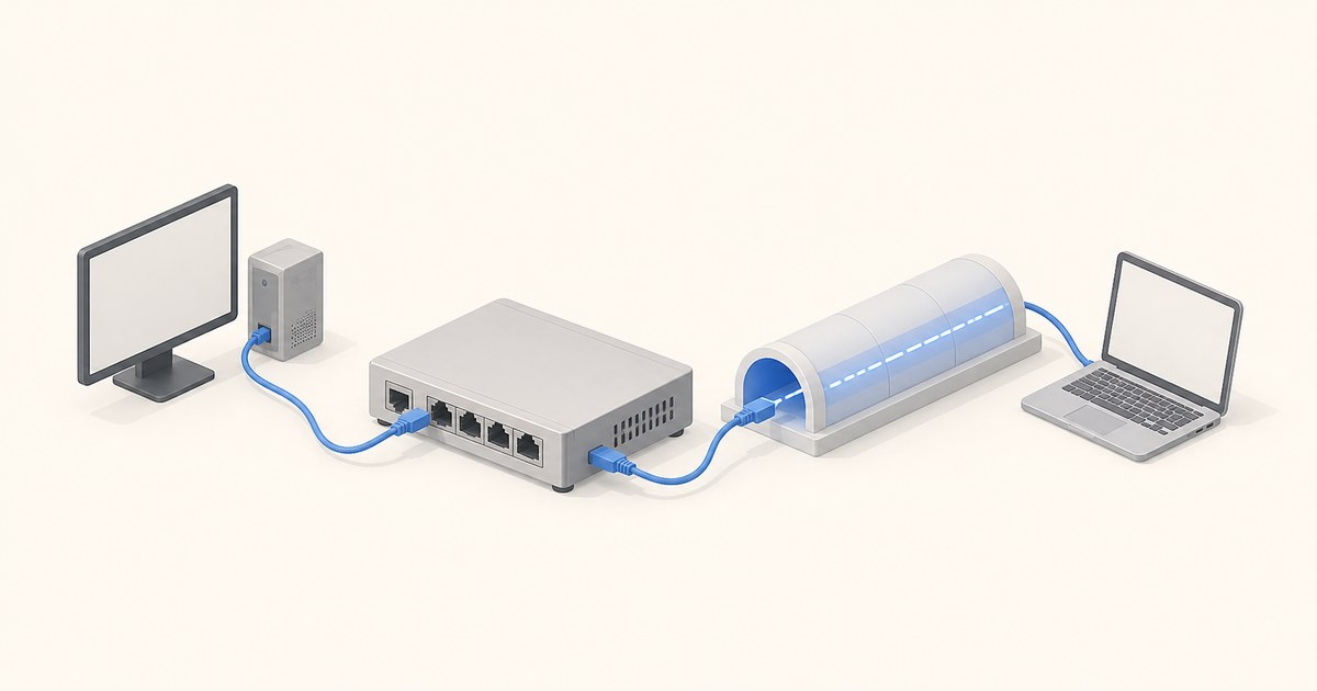 A desktop PC links by blue Ethernet cable to a four-port pfSense-style firewall and on through a glowing VPN tunnel to a laptop, in a clean isometric render.