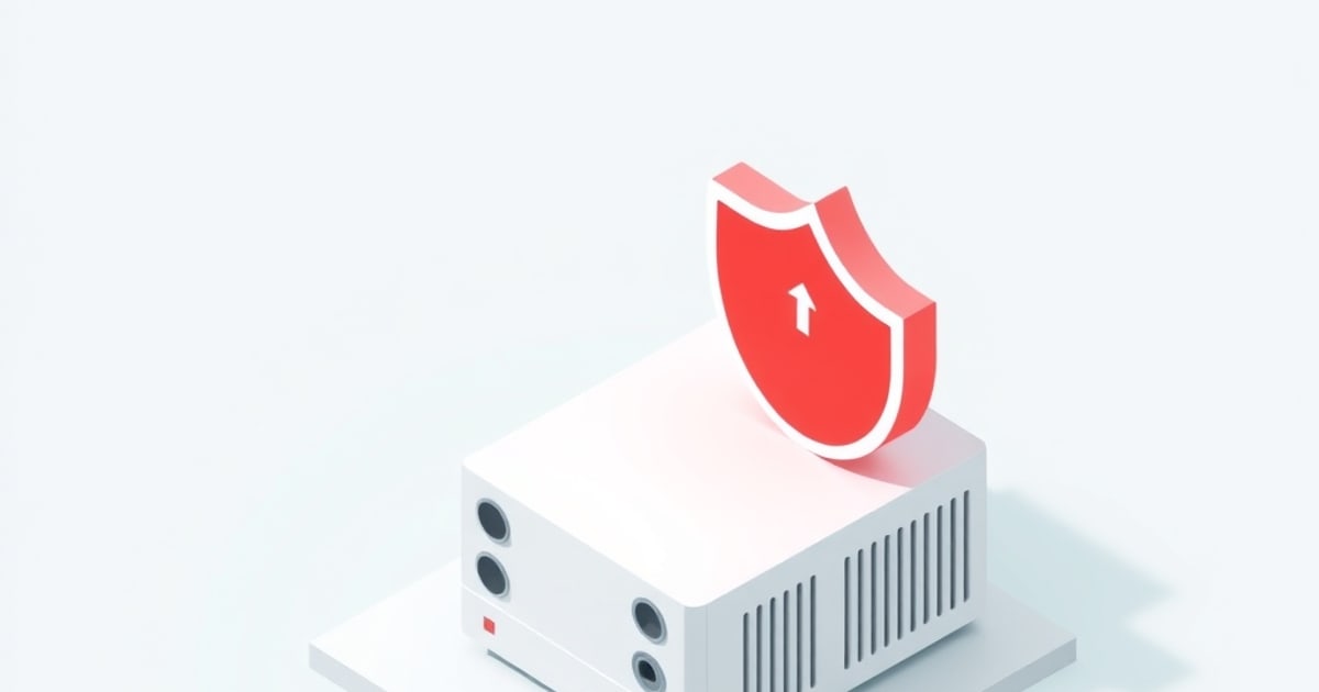 Flat isometric illustration of a white rack appliance with round ports on a white pad, a red shield bearing a white up arrow standing on its lid.