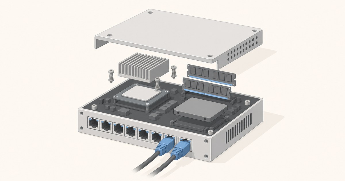 Exploded view of a small firewall appliance showing a CPU heatsink, two RAM sticks, an SSD and eight Ethernet ports with two blue cables plugged in.