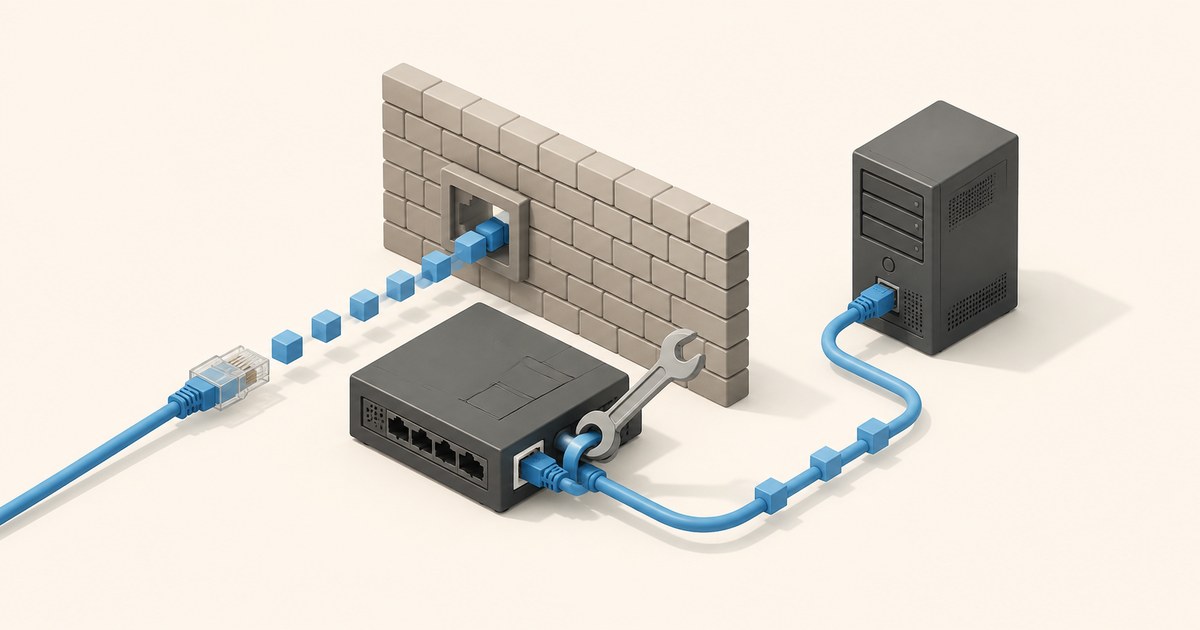 Isometric network scene showing blue Ethernet cables, a router, brick firewall, server tower, and wrench symbolizing port-forwarding repair.