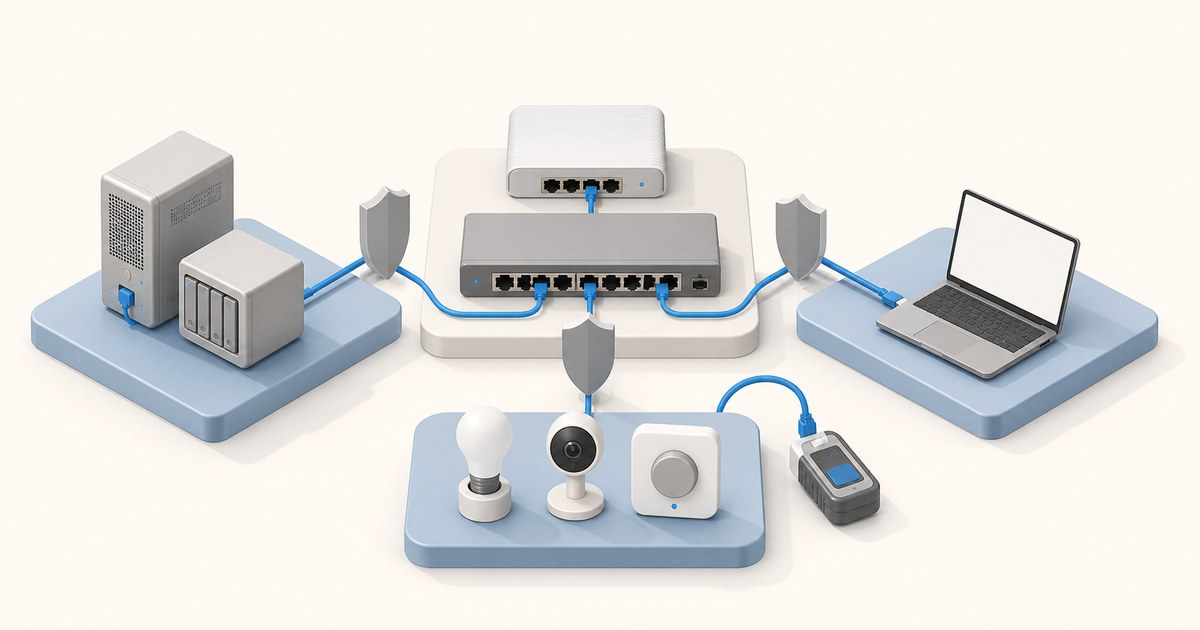 A router and switch on separate platforms connect via shield icons to a server, NAS, laptop, and smart home devices like a bulb and camera, showing segmented network zones.