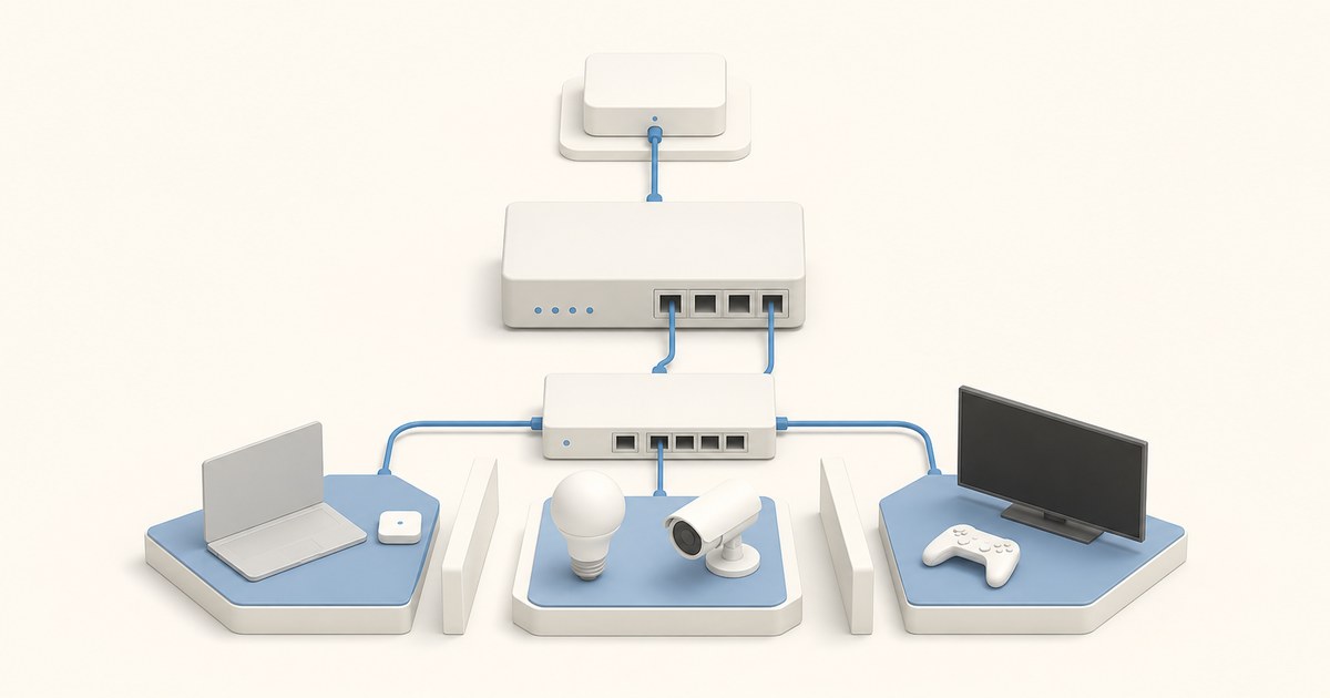A modem, firewall router and switch cable down to three walled-off blue zones holding a laptop, a smart bulb and camera, and a TV with game controller.